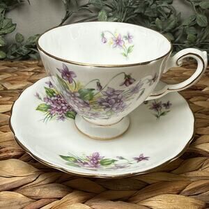 Tuscan Birthday Flowers Bone China Teacup & Saucer Violet Floral England Vtg